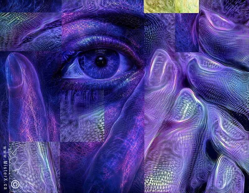 This intricate, surreal digital collage centers on a detailed human eye rendered in deep shades of blue and purple. The composition is built from overlapping rectangular segments and layers filled with dense, glowing organic textures that resemble bio-luminescent networks, nerve pathways, or coral structures. To the left, a hand with long fingers gently frames the eye, illuminated by a web of pink and purple fiber-optic lines. The right side of the image features fluid, undulating folds of tissue or fabric covered in scales and ridges that shimmer with lavender, teal, and gold highlights. A distinct copyright signature and the watermark 