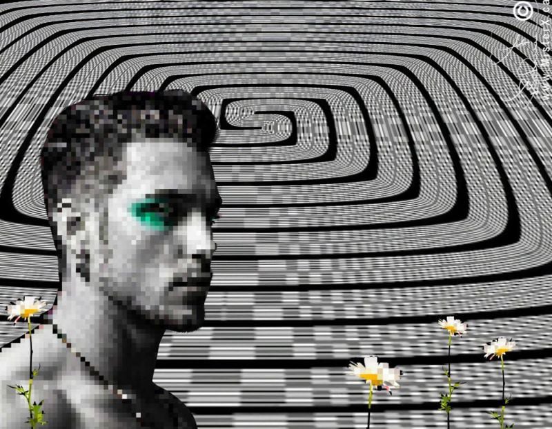 A mostly colourless composition that features a detailed lines background causing moiré patterns, and a piXelated man and daisy flower in the left lower corner. 