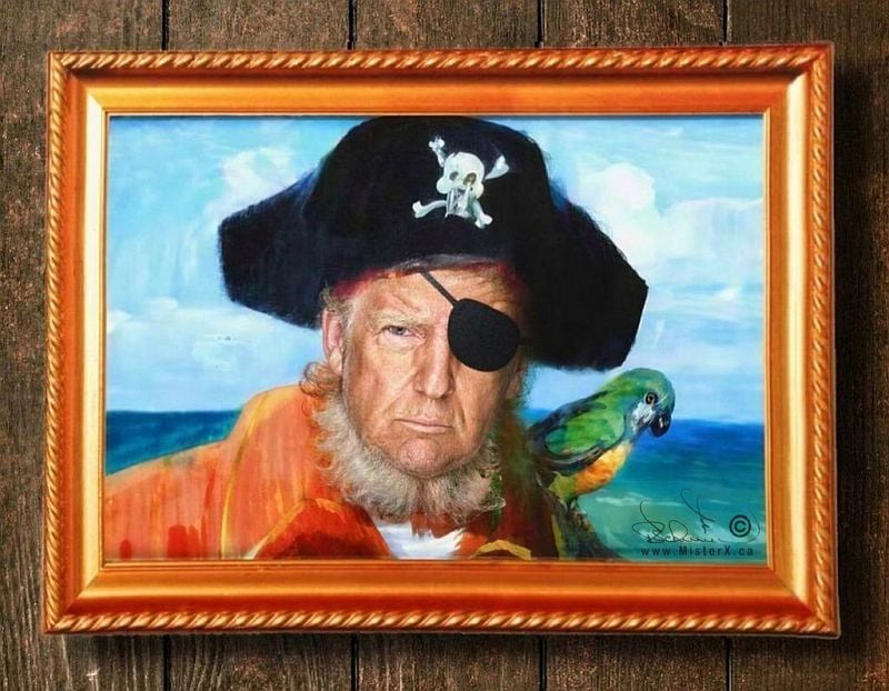 Donald Trump as a pirate, wearing a black bicorne hat with a white skull and crossbones emblem, and sporting a light brown, scruffy beard. He is wearing an orange and white outfit, with a light green and blue parrot perched on his right shoulder. The background features a blue sky with white clouds and a teal ocean with waves. The entire scene is depicted as an oil painting framed in a golden, ornate rectangular frame, hanging on a dark brown wooden wall with prominent wood grain.