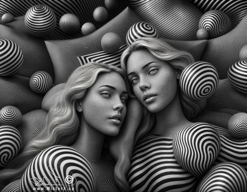 Two women with long, flowing blonde hair are visible in the center of the frame and appear to be lying down. Their skin has distinct striped patterns, with lighter tones marking the foreground and darker tones on the deeper parts of their skin, creating depth. Both women are facing the viewer, but their gazes are directed slightly away to the right. The women are depicted from the sternum upwards, and the overall image is captured from a high-angle shot. The background is replete with a variety of striped patterns, predominantly consisting of black and white spheres. These spheres range in size, some resembling a heart shape, and are scattered throughout the image. The entire piece is rendered in a grayscale palette, emphasizing the striped optical illusion.