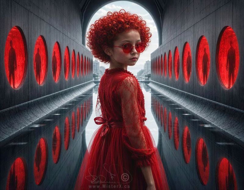 A young girl dressed in lacy red dress is wearing red sunglasses and has curly red hair. She is in a tunnel with stone walls and many red windows on each side that display shadowy figures inside them. Light at the end of the tunnel shows a city scape with buildings and a slightly cloudy sky.