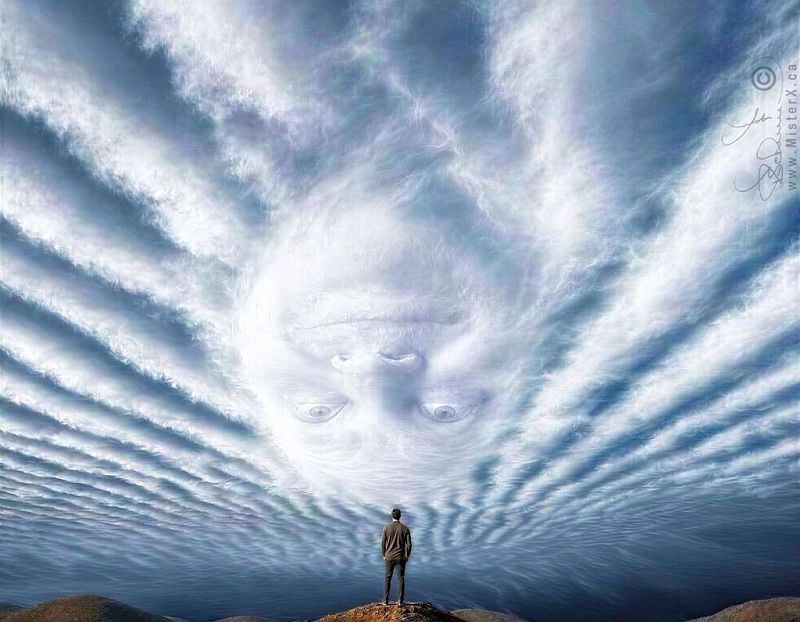 A man standing on a hill looks up at an inverted face of an old man appearing with eyes wide open from the sky with layered clouds, also called undulatus asperitas clouds, with shades of white, light blue, and dark blue, with shadows appearing under each row of clouds, with a small hill at the bottom of the image, with the color of the dirt being sandy brown and hints of dark brownish green, with a large open sky with no horizon, with the man standing on a hill in darkness from behind, with another hill on his left in darkness, and a calm body of water in front.