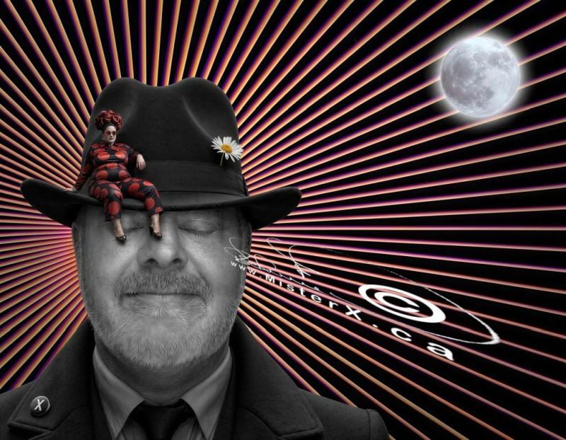 Psychedelic minimalism image features grinning face of MisterX the AI artist against a drawing he created. An over weight lady sits on the rim of his hat and a daisy grows out of the hats brim. A distorted MisterX.ca watermark is also featured here.