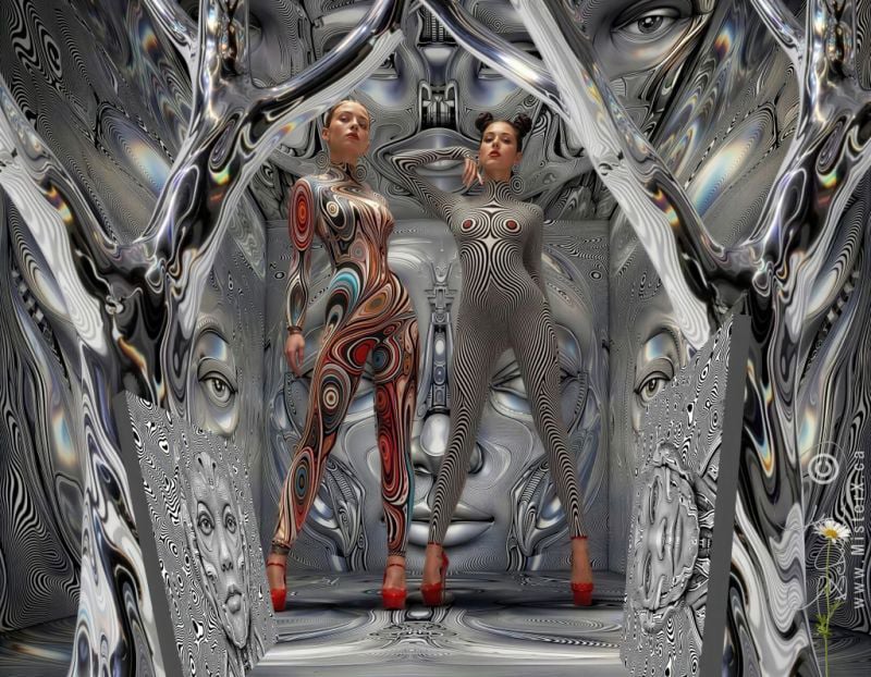 Two women in psychedelic spandex outfits pose inside a silvery room. Two canvases are propped up against silver trees.