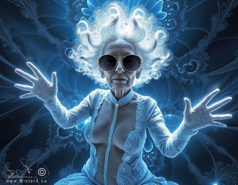 An old woman with an inappropriate outfit that shows much cleavage and her belly is seen.