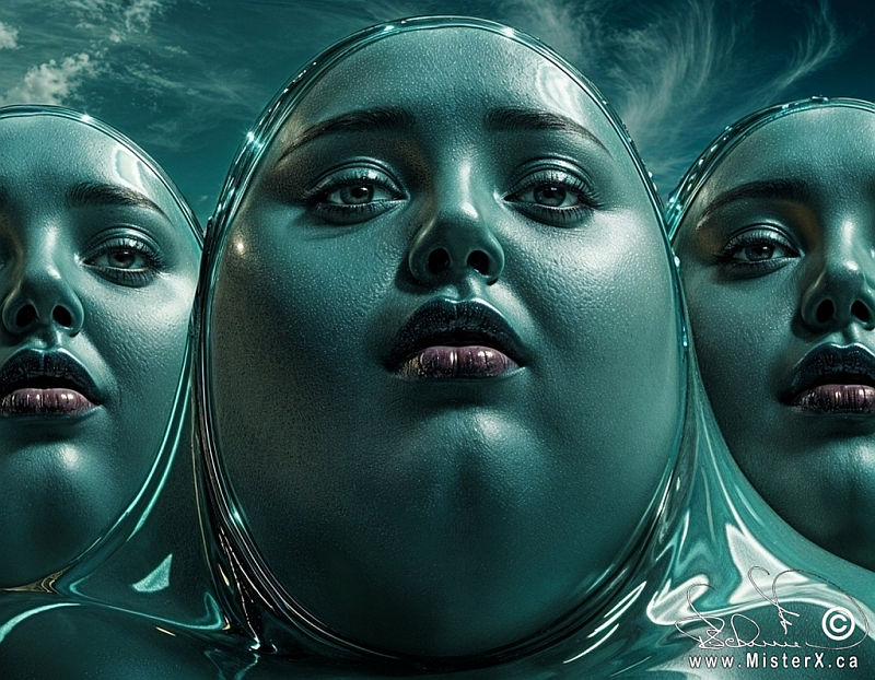 The image consists of a main centrally located large woman with oval shaped face wearing very shiny garments and seen from her neck up. Near identical faces are seen on each side of her. Behind her is a turquoise sky with wispy clouds.