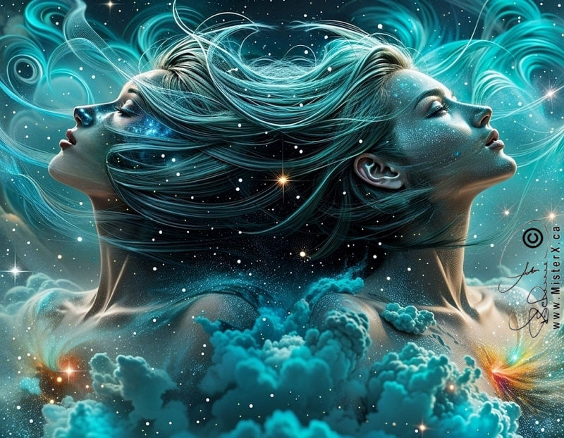 An older woman's face is seen blended with clouds and evergreen trees. She has a slight grin upon her face. Mostly colorless image with hints of orange designs.