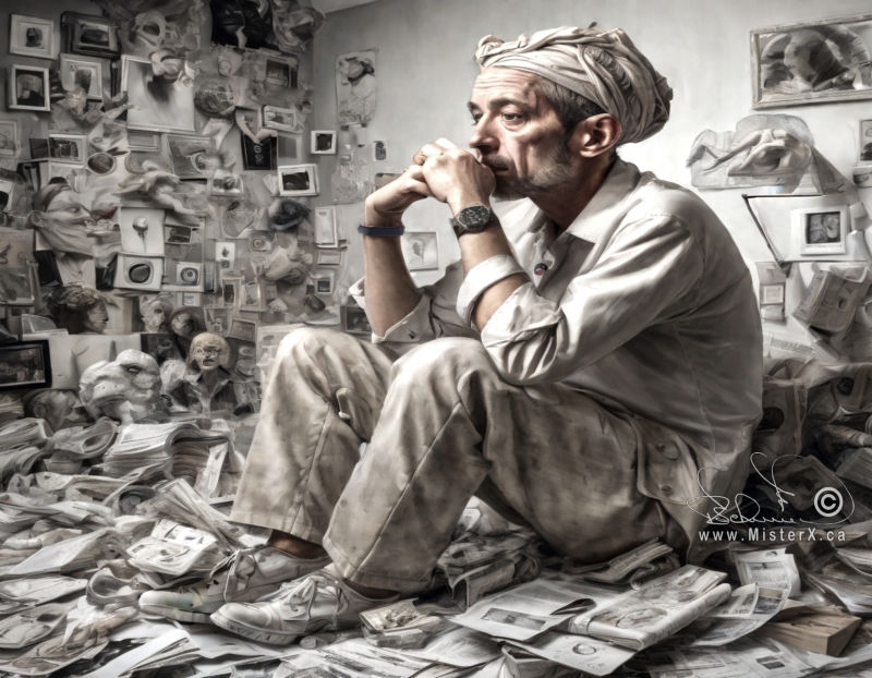 An contemplating artist in white, messy clothing is seen sitting on the floor amongst hundreds of papers and objects he's created.