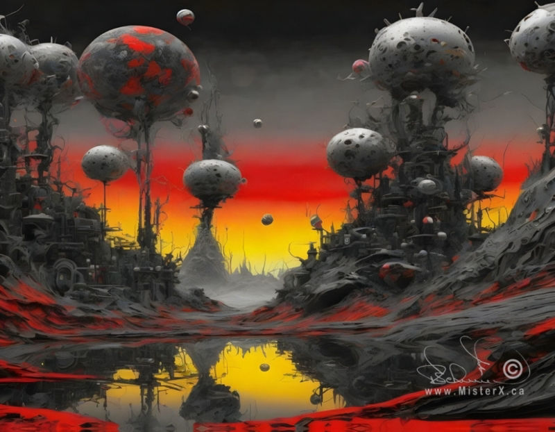 Dystopian black and grey image of a futuristic society and buildings with reflecting pond and a yellow, red, and grey changing gradient sky.