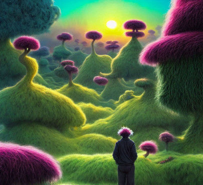A group of psychedelic pink mushrooms set against a colorful morphing background.