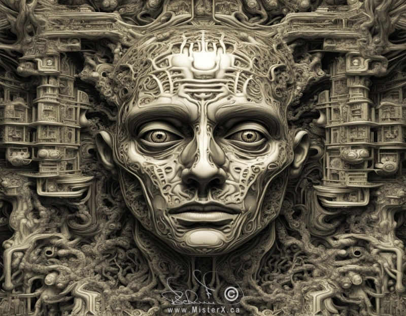 A shiny green man is seen reclining in the clouds. Behind him is a green cloudy sky with a sun and sunrays.