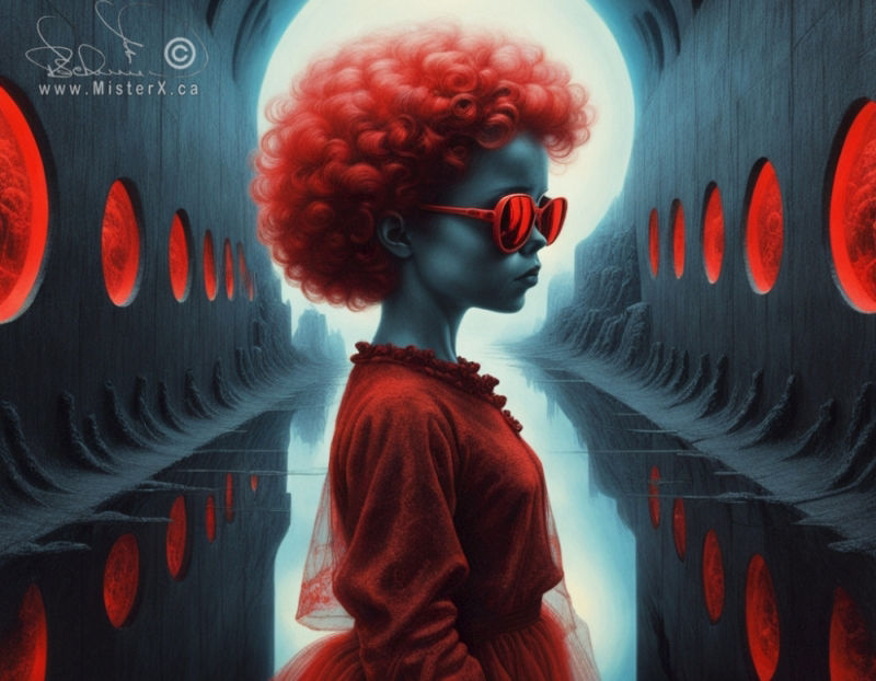 A red headed girl, around 11 years old, is wearing red framed and lensed glasses and a red dress. Seen againsta a grey distopian background with red round shaped windows along each side of the walls.