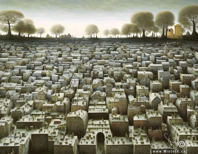 Hundreds of cowded buildings are seen going off into th horizon, where huge trees are located.