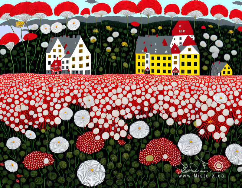 Large white and yellow buildings are seen on the horizon of a field of white and red flowers. In the distance a light blue sky and the sea can be seen.
