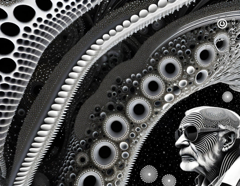In the lower right corner is the face of a bearded man with fractal-like patterned skin. The rest of the black and white image is made from fractal patterns against a black starry sky.