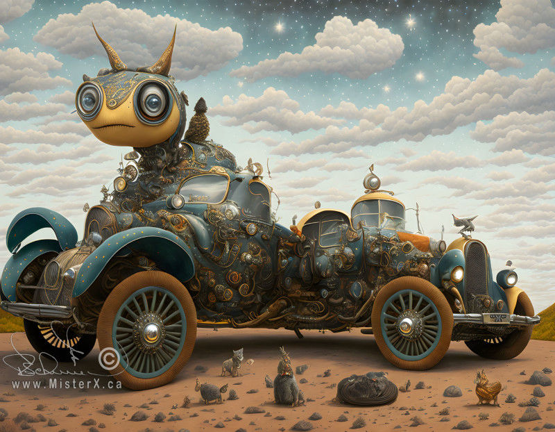 An odd automobile which appears bent in the middle also looks like it can be driven from either end. Set against a cloudy sky with stars and a rocky road in the foreground.