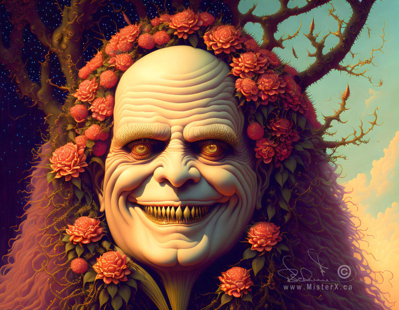 A picture about opposites. An evil face with a happy eXpression is surrounded by roses and thorns against a split sky of night on the left and day on the right.