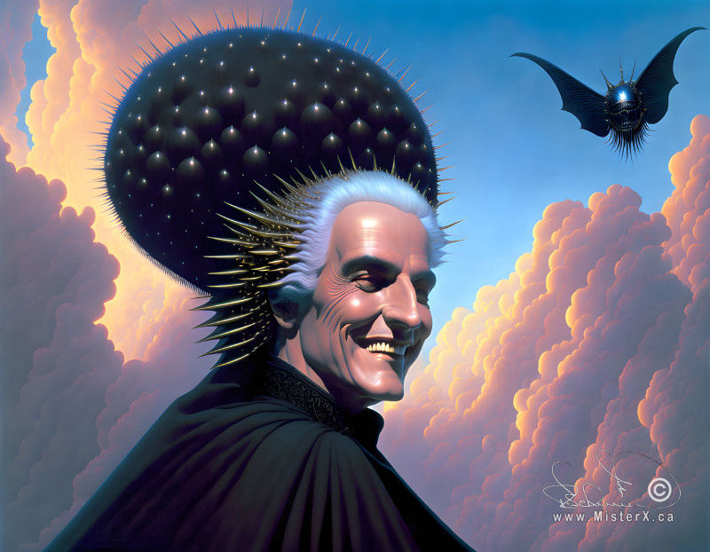 A smiling man all dressed in black is seen beside a small shiny flying machine with bat wings. Set against a sunny sky with large storm clouds brewing.