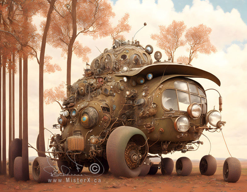 An old abadoned contraption is left to rust away beside some trees in a field. Many tires are around it.