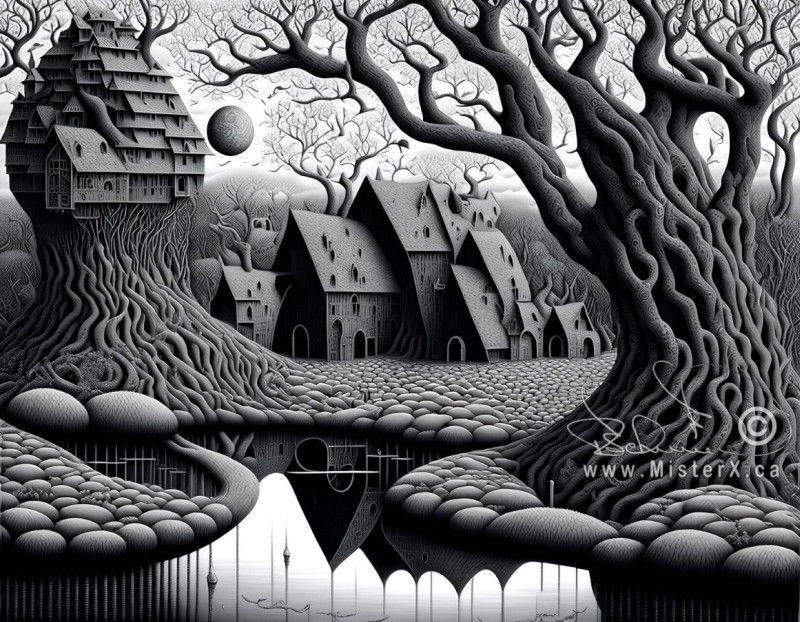 A bleak gray and black image showing buildings amongst trees and cobblestones.
